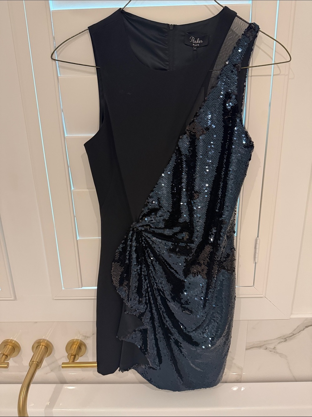 Parker Black One-Shoulder Sequin Draped Mini Dress